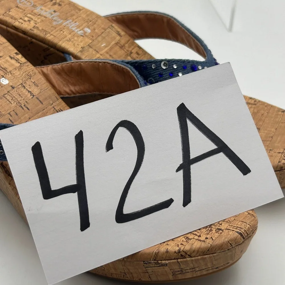 Ashley Blue‎ Wedge Sandals Womens 7 Blue Denim Rhinestone Cork Platform Y2K Boho